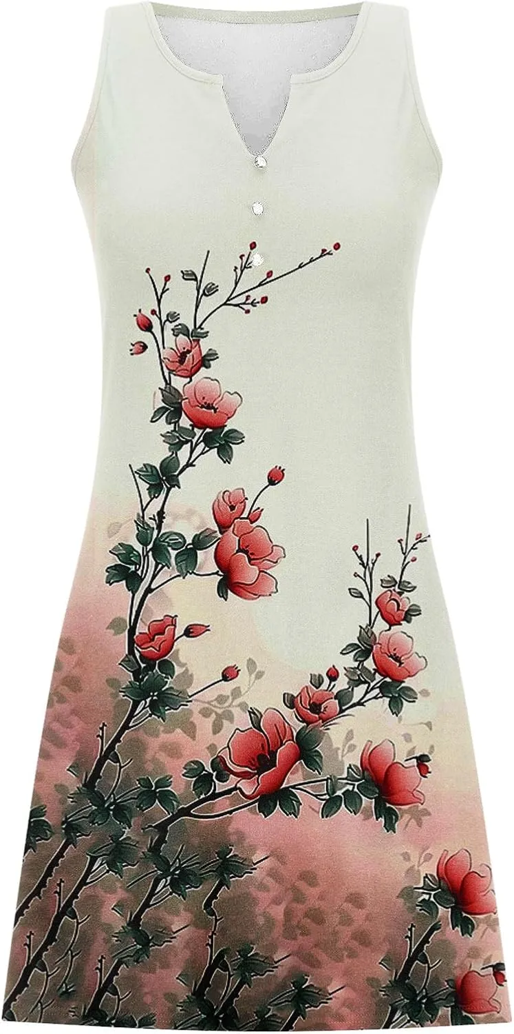 Womens Summer Tank Dress 2025 Casual Button Down V Neck Sleeveless Beach Boho Dresses A-Line Flowy Sundress