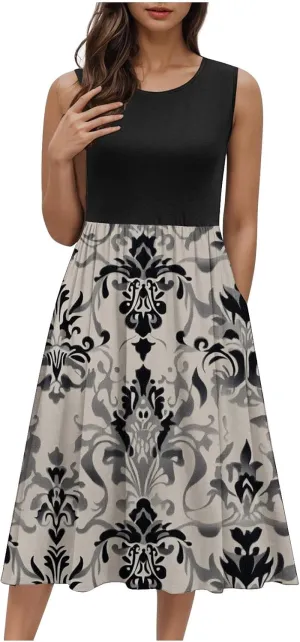 Women's Summer Tank Midi Dress with Pockets, Sleeveless A-Line Sun Dresses Casual T-Shirt Dress Flowy Beach Sundress