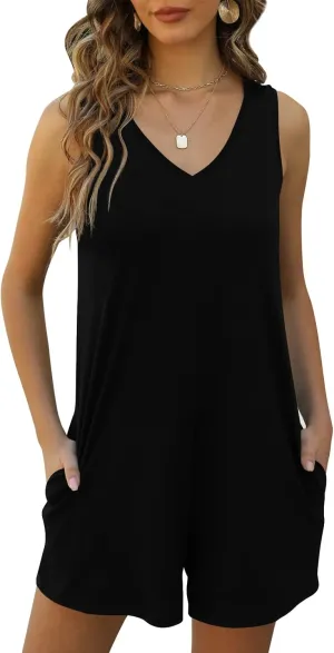 Women's Summer V Neck Tank Top Romper Sleeveless Loose Casual Shorts Jumpsuit Overalls with Pockets 2025 Clothes