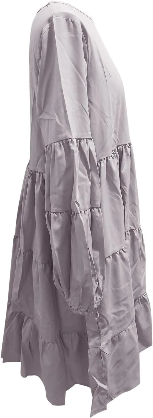 Womens Tiered Ruffle Mini Dresses Lantern Long Sleeve Crewneck A-Line Dress Casual Loose Fit Babydoll Swing Dress