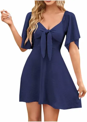 Womens V Neck Flutter Short Sleeve Mini Dress Summer A Line Pleated Lace Up Flowy Boho Beach Vacation Short Dresses