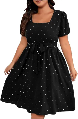 Women's Vintage Square Neck Cocktail Swing Dress 1950s Short Sleeve Plus Size Polka Dot Prom Midi Evening Dresses