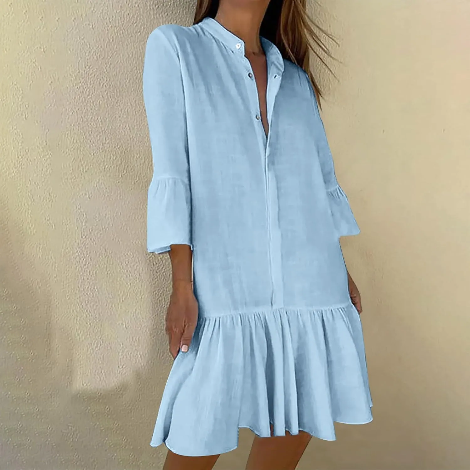 Xiaojmake Womens Tunic Shirt Mini Dress 3/4 Puff Sleeve Cotton Linen Short Dresses Button Up Flowy Ruffle Hem Shift Dress