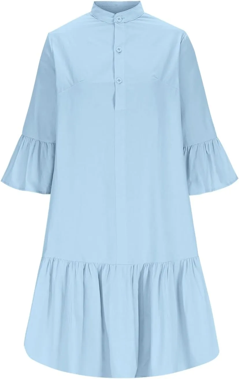 Xiaojmake Womens Tunic Shirt Mini Dress 3/4 Puff Sleeve Cotton Linen Short Dresses Button Up Flowy Ruffle Hem Shift Dress
