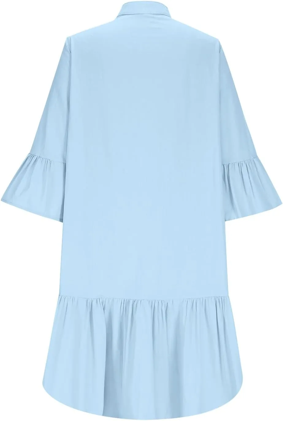 Xiaojmake Womens Tunic Shirt Mini Dress 3/4 Puff Sleeve Cotton Linen Short Dresses Button Up Flowy Ruffle Hem Shift Dress