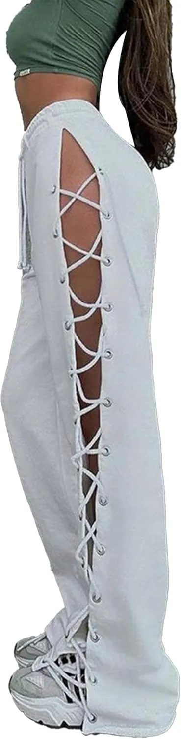 xxxiticat Women's Lace Up Sweatpants High Rise Drawstring Waist Cutout Hollow Out Side Bandage Tie Up Wide Leg Trousers