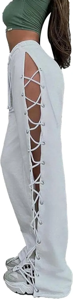 xxxiticat Women's Lace Up Sweatpants High Rise Drawstring Waist Cutout Hollow Out Side Bandage Tie Up Wide Leg Trousers