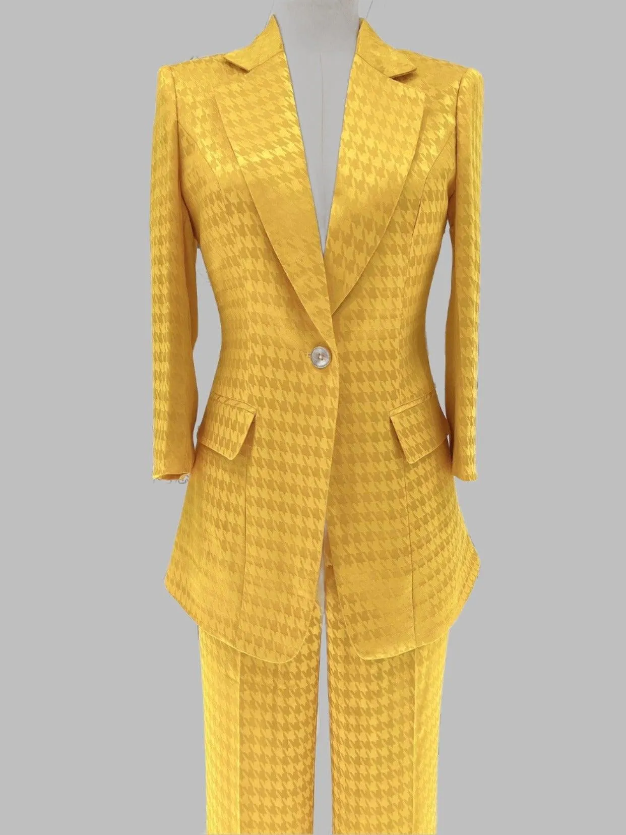 Yellow Plaid Women Pant Suit - Thin Half Sleeve Trouser Suit