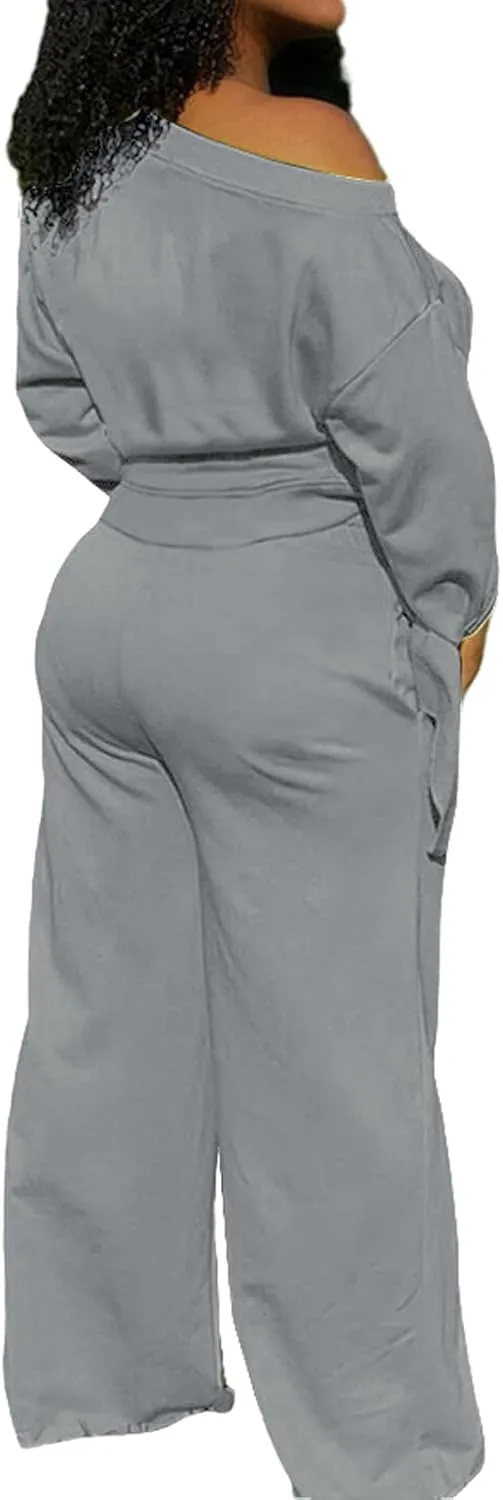 Yiershu Women's 2 Piece Outfits Casual Sweatsuits Long Sleeve Loose Matching Wide Leg Tracksuit Pants Sets with Pockets