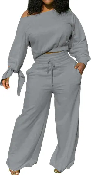 Yiershu Women's 2 Piece Outfits Casual Sweatsuits Long Sleeve Loose Matching Wide Leg Tracksuit Pants Sets with Pockets