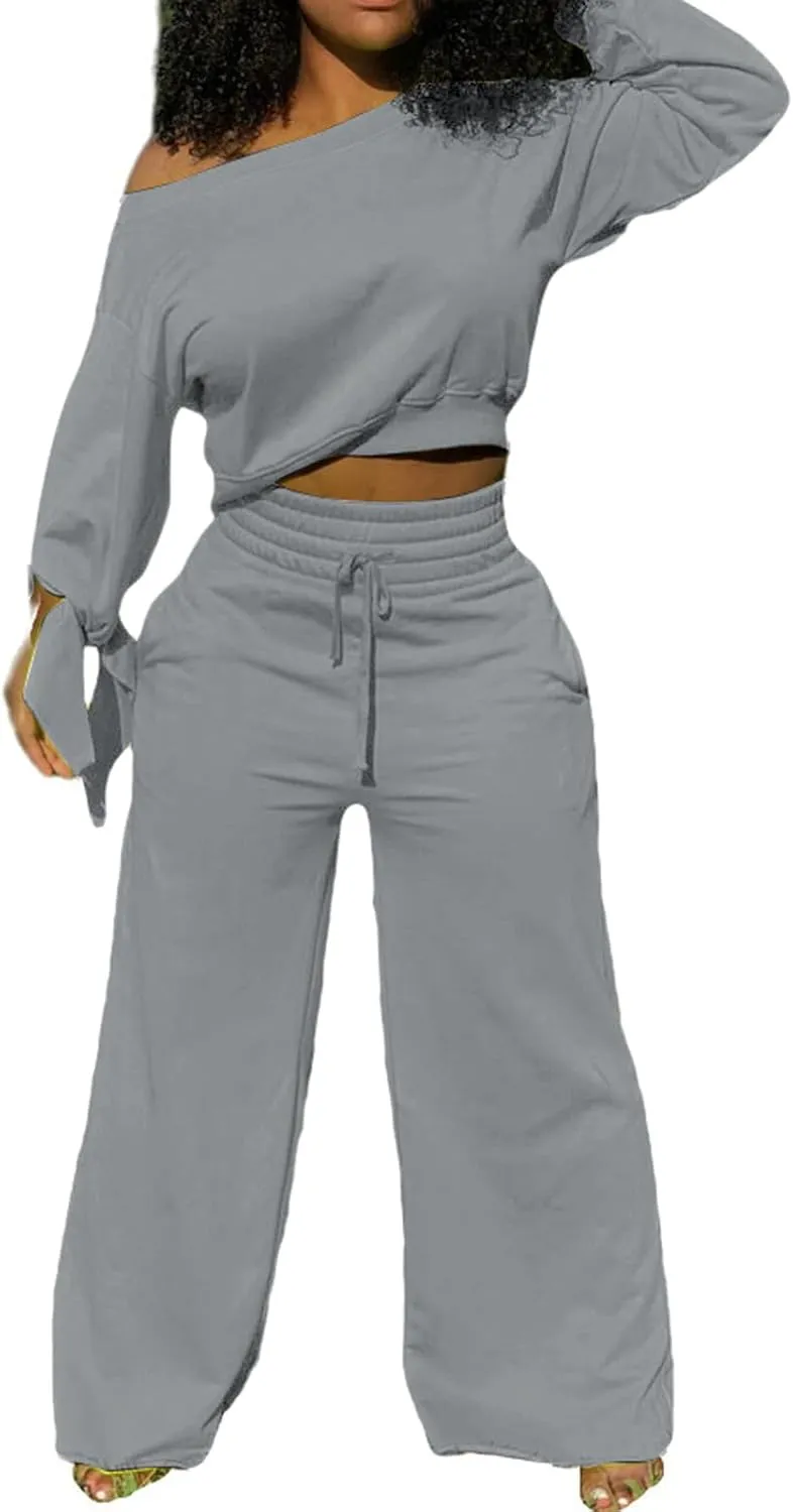 Yiershu Women's 2 Piece Outfits Casual Sweatsuits Long Sleeve Loose Matching Wide Leg Tracksuit Pants Sets with Pockets
