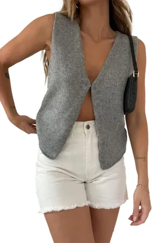 Yoawdats Women Simple Solid Color Knit Vest Sleeveless Hollow Out Button Down V Neck Crochet Vintage Crop Top Streetwear
