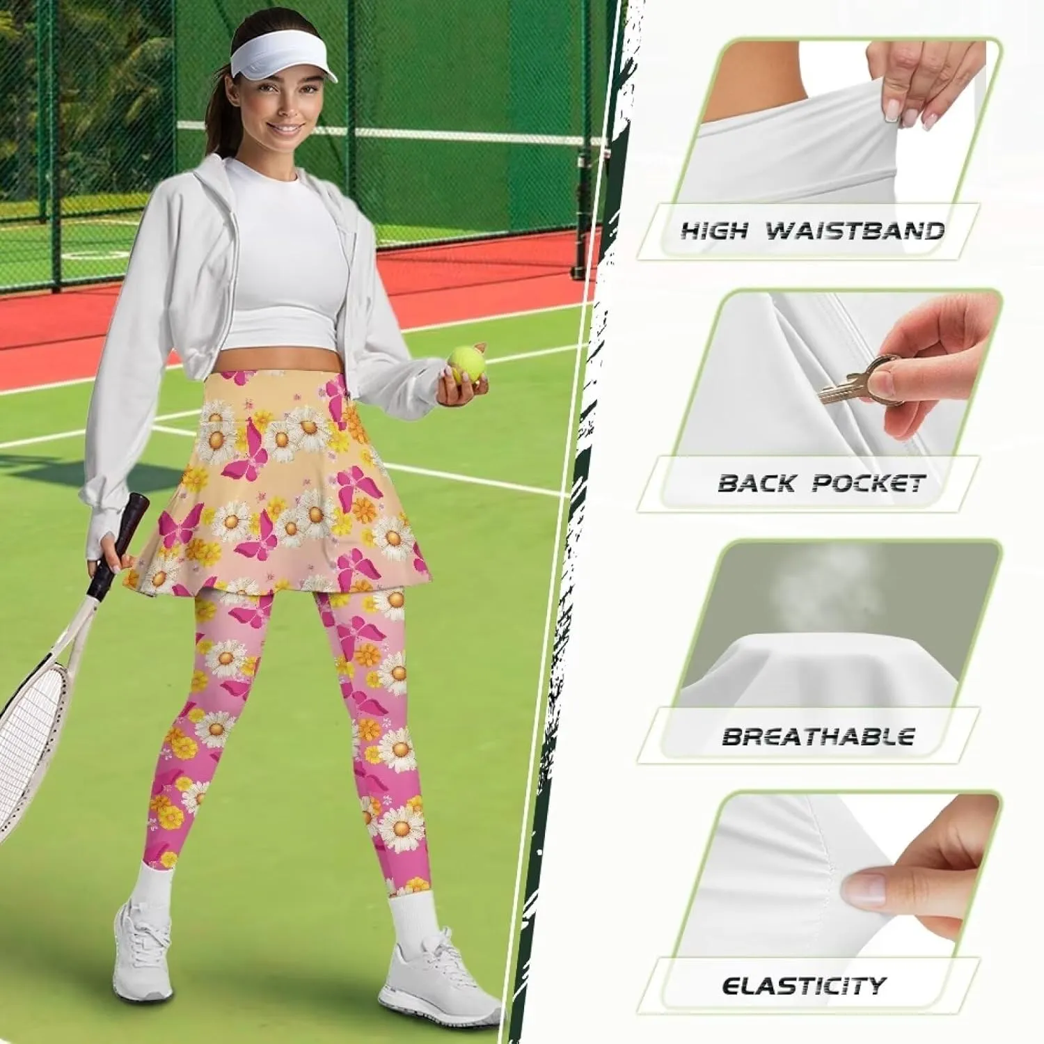 Youngerbaby Woman Tennis Skirted Leggings with Pockets Workout Skirted High Waisted Yoga Legging with Skirts XS-3XL