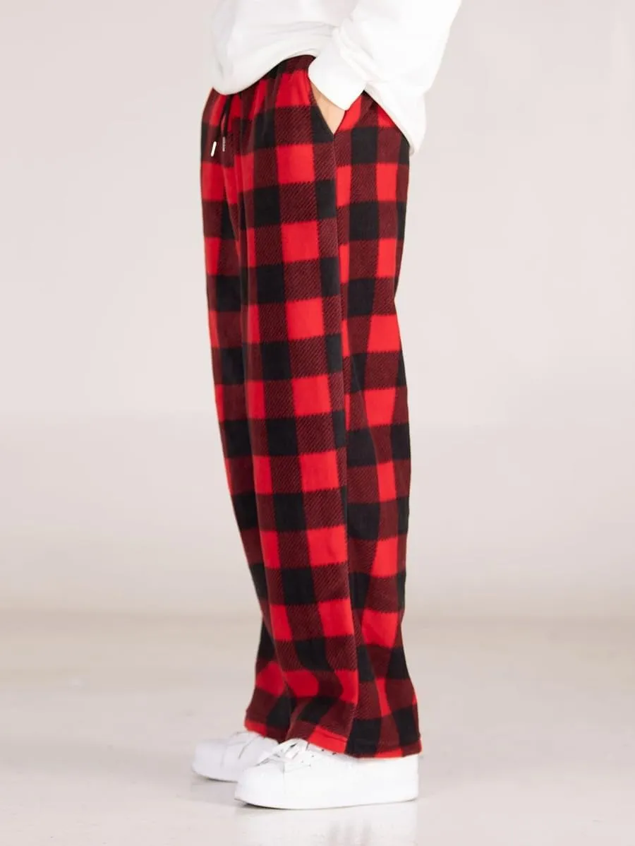 ZAFUL Men's Plaid Print Casual Pants Loose Fit Straight Plush Pajama Pants Fleece Sweatpants Drawstring Waist Lounge Joggers