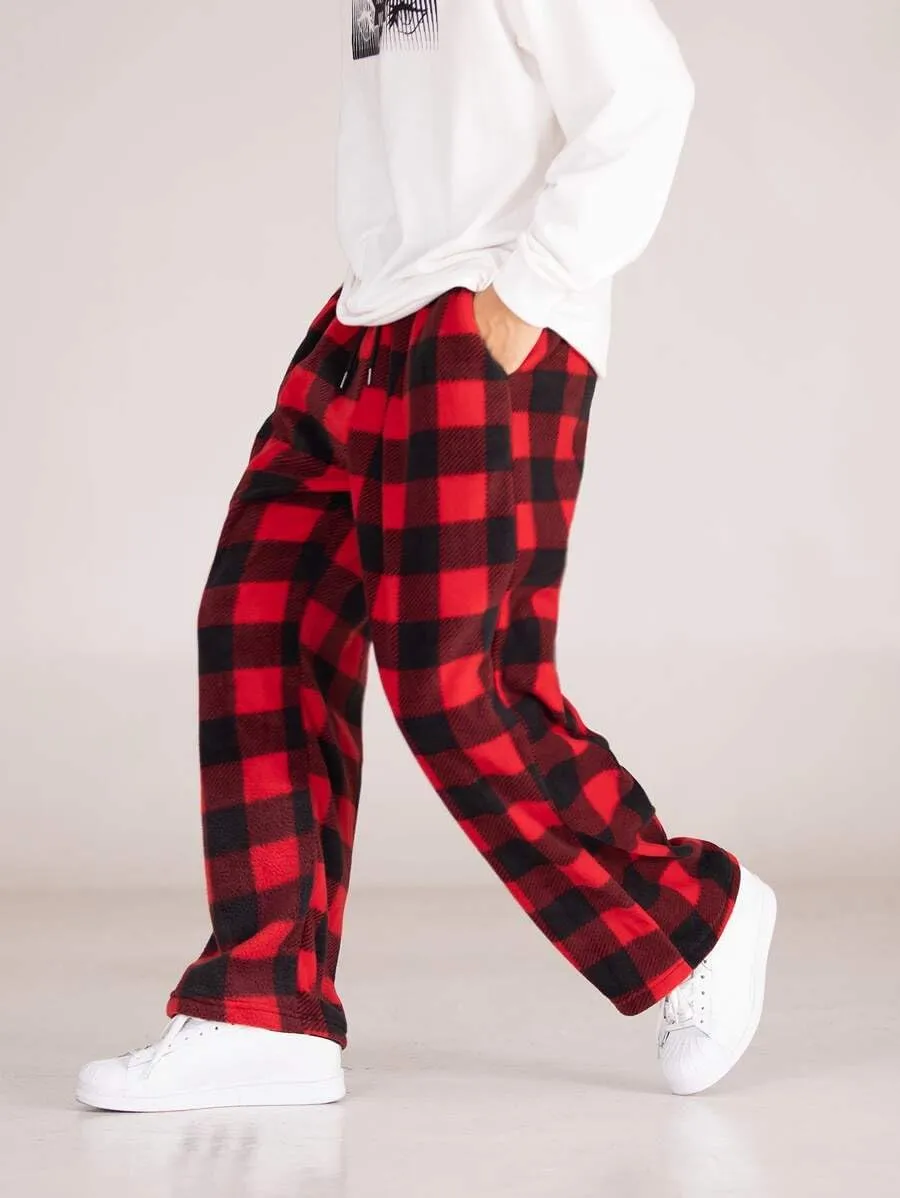 ZAFUL Men's Plaid Print Casual Pants Loose Fit Straight Plush Pajama Pants Fleece Sweatpants Drawstring Waist Lounge Joggers