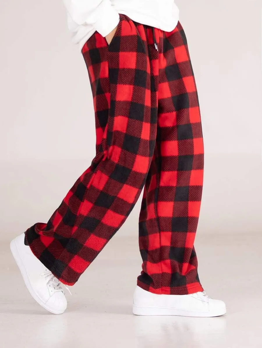 ZAFUL Men's Plaid Print Casual Pants Loose Fit Straight Plush Pajama Pants Fleece Sweatpants Drawstring Waist Lounge Joggers