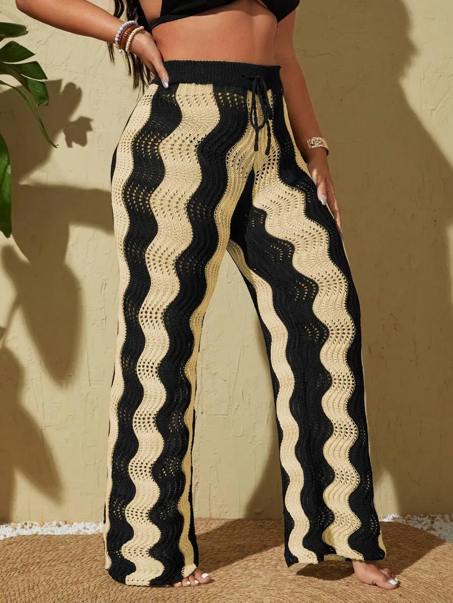 ZAFUL Women's Beach Cover Up Pants Hollow Out Plus Size Drawstring Elastic High Waist Swimsuit Cover Up Beach Long Pants