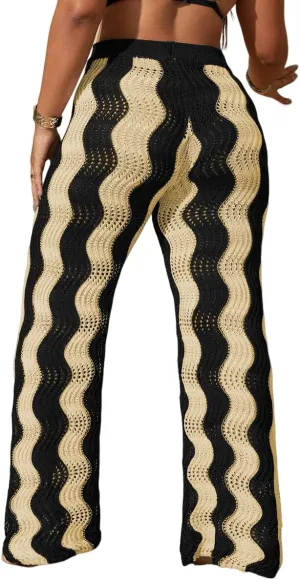 ZAFUL Women's Beach Cover Up Pants Hollow Out Plus Size Drawstring Elastic High Waist Swimsuit Cover Up Beach Long Pants
