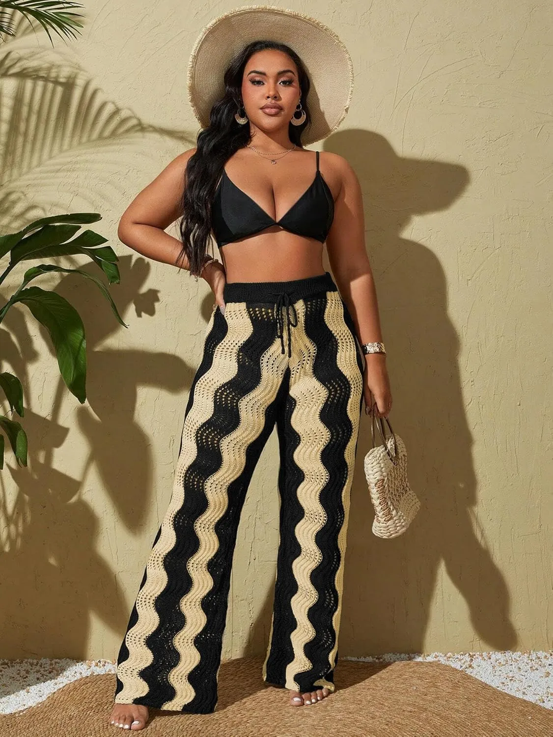 ZAFUL Women's Beach Cover Up Pants Hollow Out Plus Size Drawstring Elastic High Waist Swimsuit Cover Up Beach Long Pants