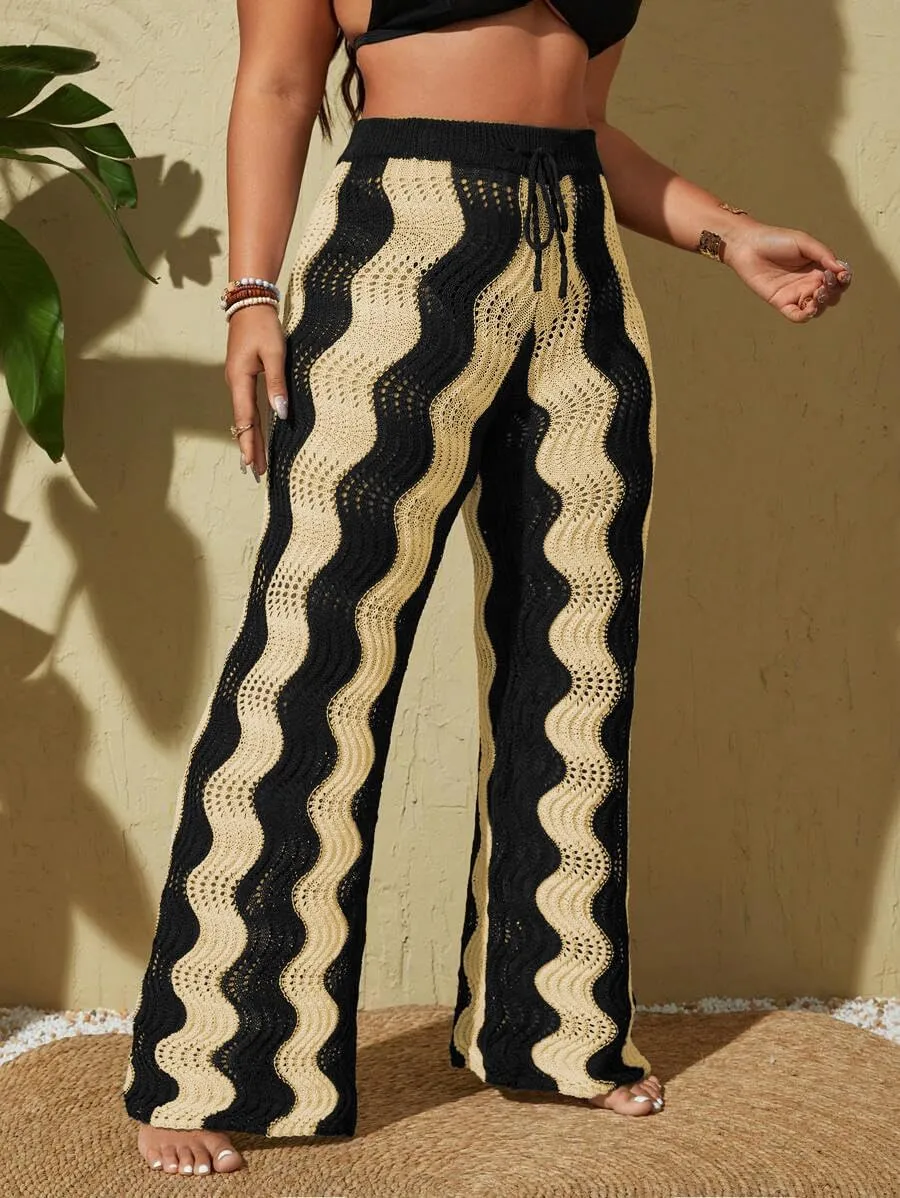 ZAFUL Women's Beach Cover Up Pants Hollow Out Plus Size Drawstring Elastic High Waist Swimsuit Cover Up Beach Long Pants