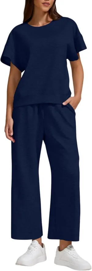 ZFLM Women's 2 Piece Lounge Set Fashion Travel Outfits Vacation Loungewear Comfy Wide Leg Tracksuit S-2XL