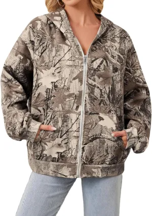 Zip Up Camo Hoodie Womens and Mens Maple Leaf Fleece Hooded Sweatshirt Oversized Camouflage Hoodies For Women