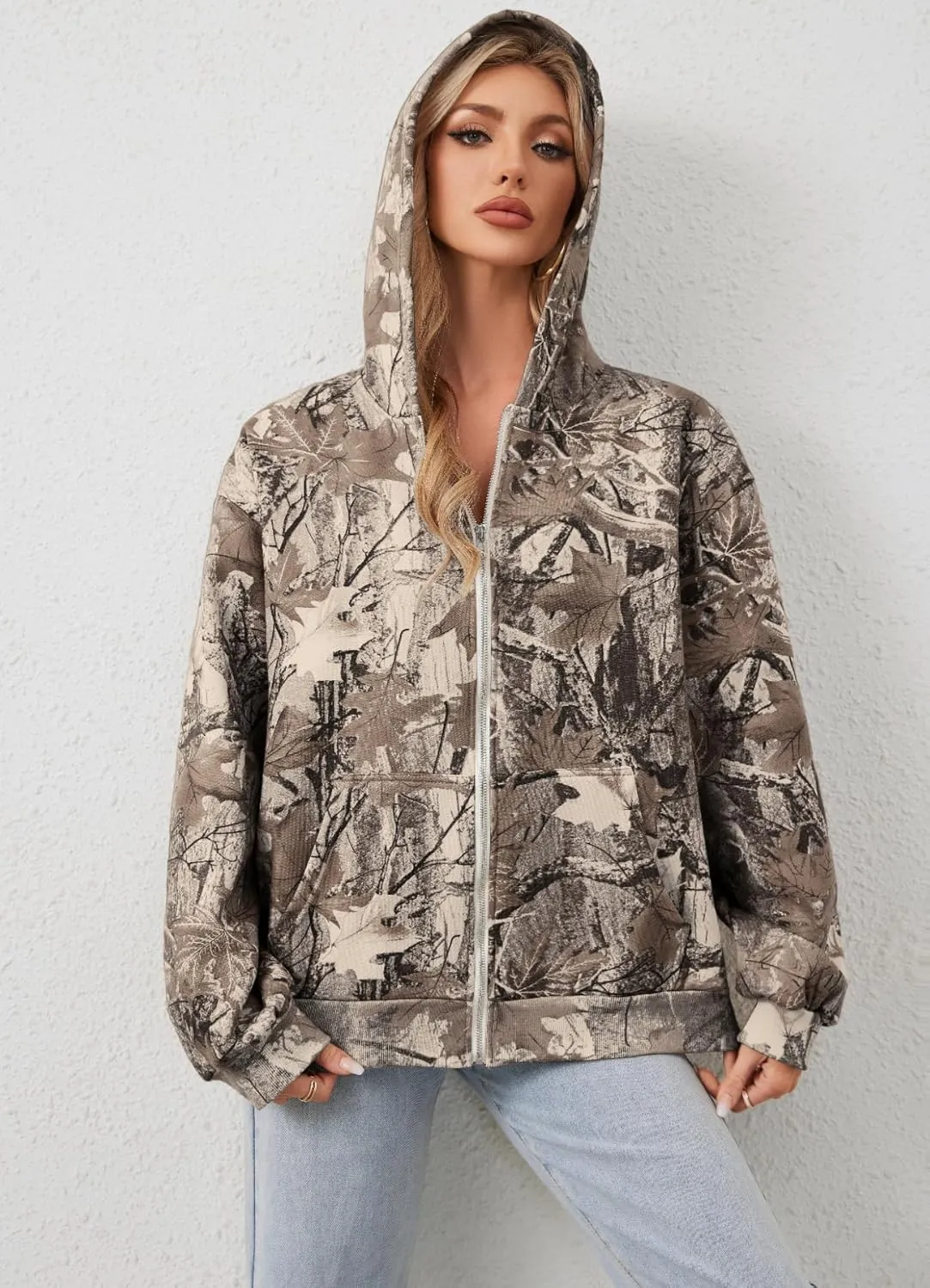 Zip Up Camo Hoodie Womens and Mens Maple Leaf Fleece Hooded Sweatshirt Oversized Camouflage Hoodies For Women