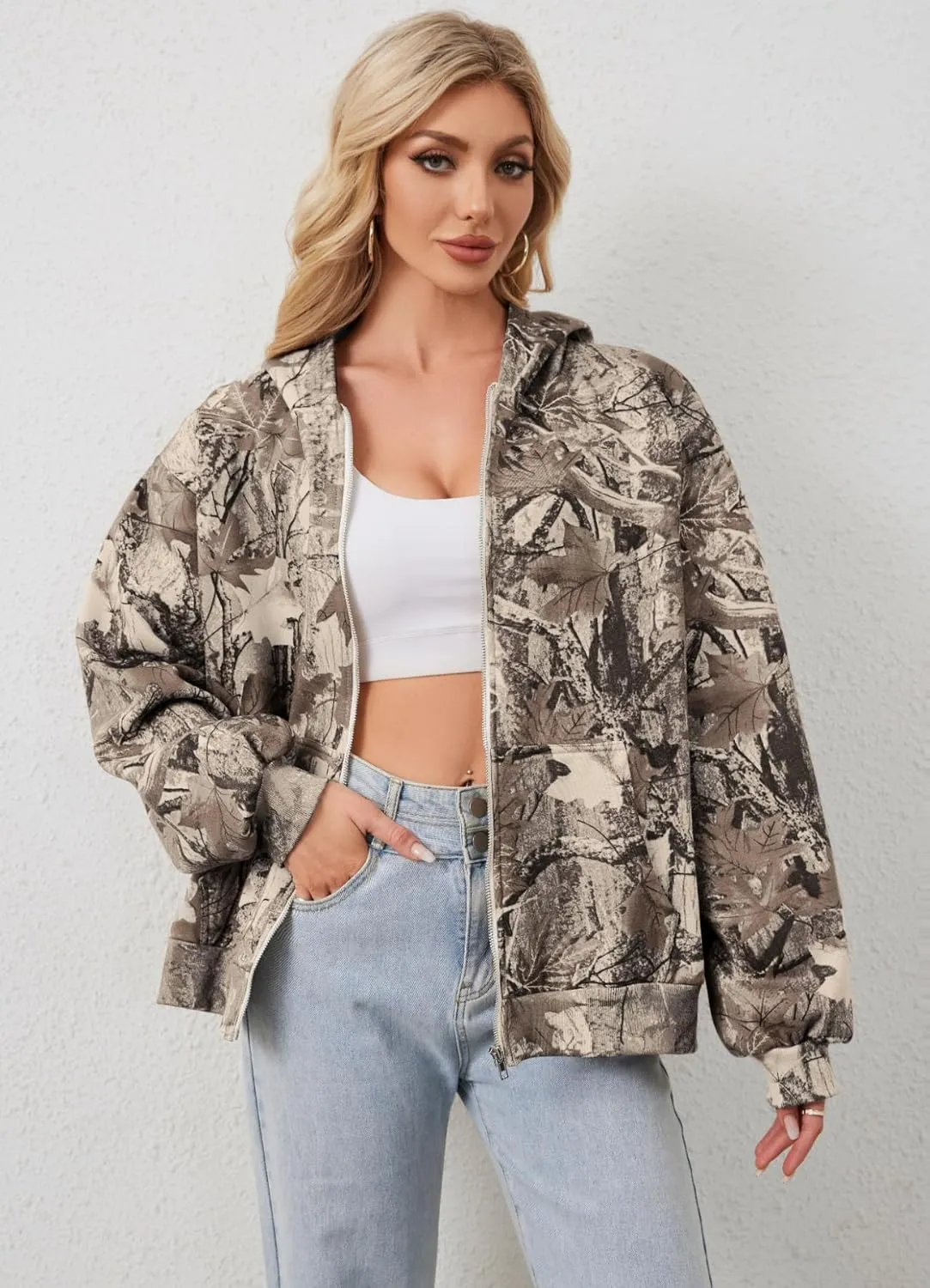 Zip Up Camo Hoodie Womens and Mens Maple Leaf Fleece Hooded Sweatshirt Oversized Camouflage Hoodies For Women