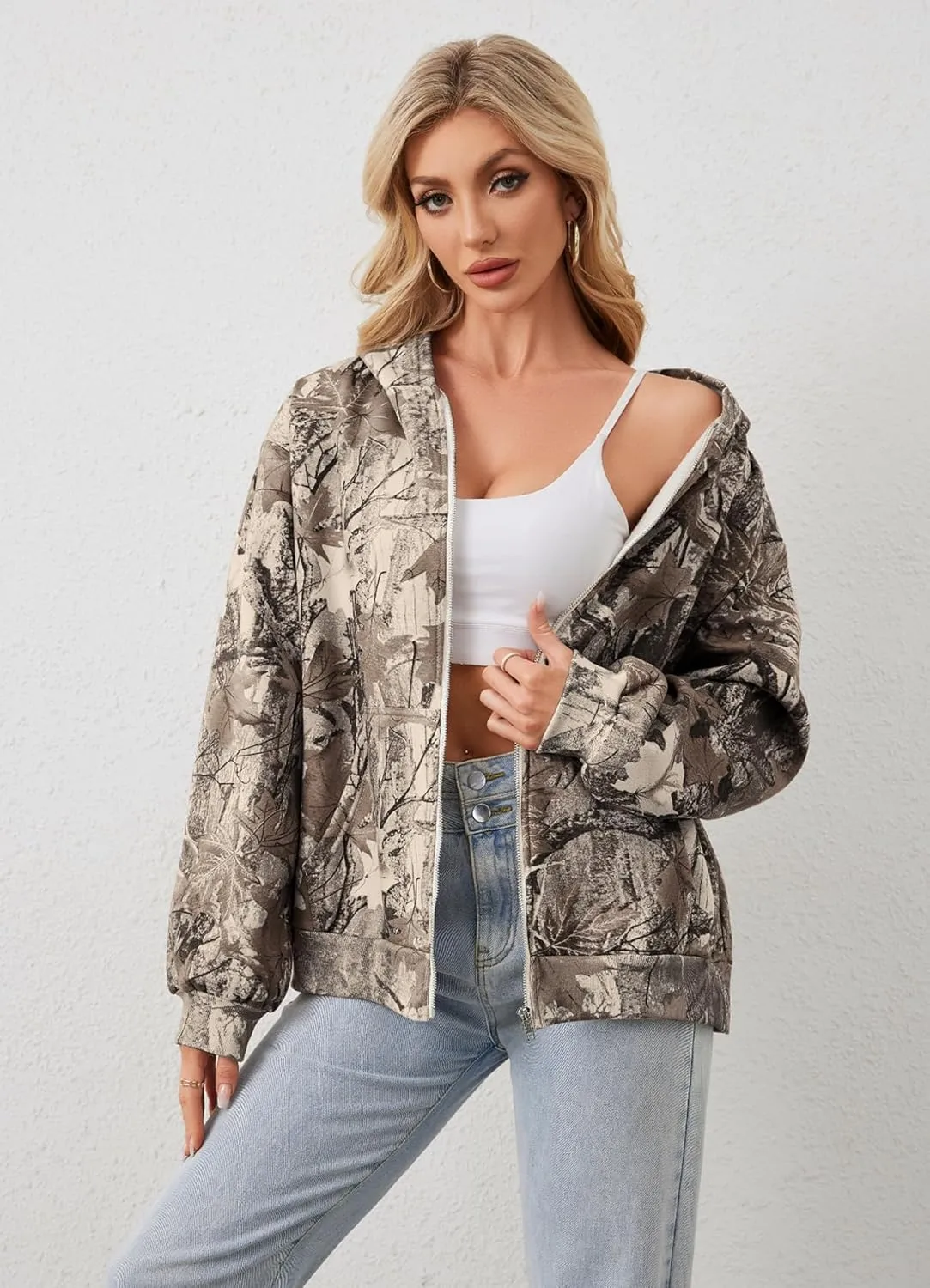 Zip Up Camo Hoodie Womens and Mens Maple Leaf Fleece Hooded Sweatshirt Oversized Camouflage Hoodies For Women