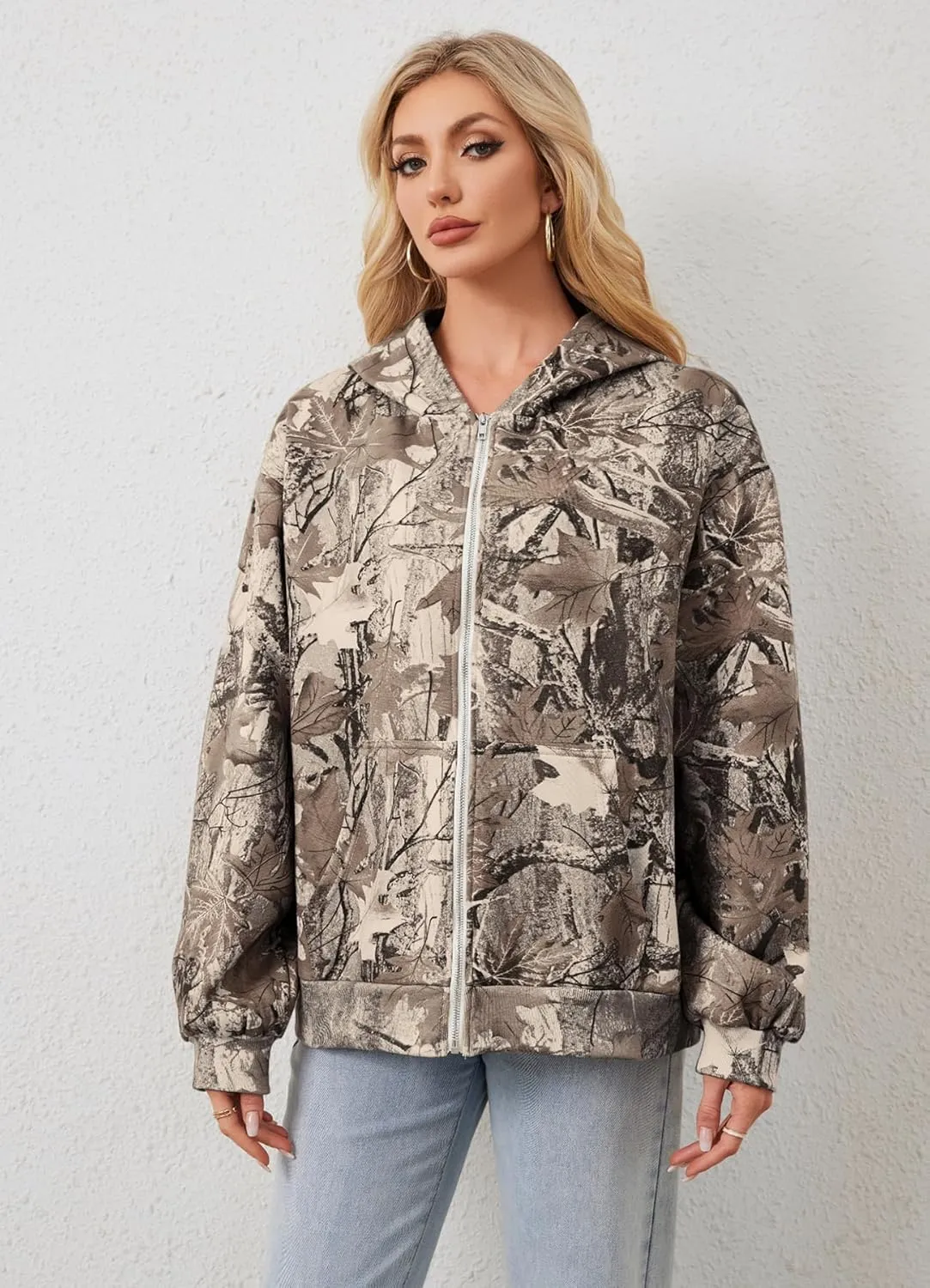 Zip Up Camo Hoodie Womens and Mens Maple Leaf Fleece Hooded Sweatshirt Oversized Camouflage Hoodies For Women