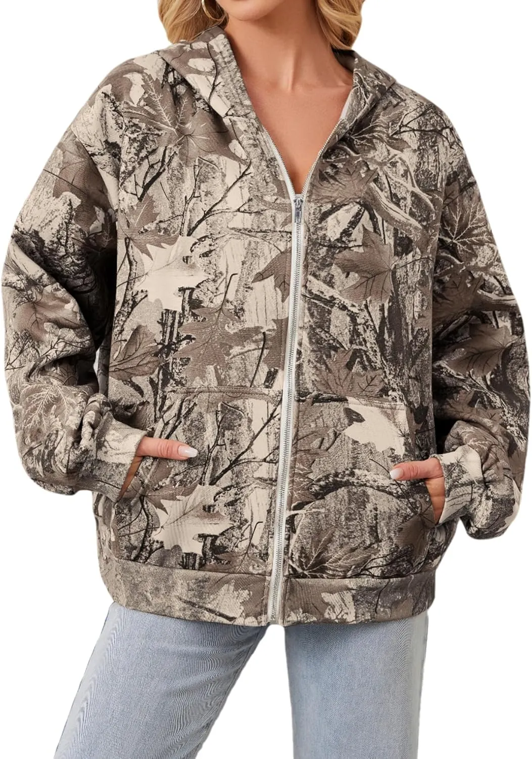 Zip Up Camo Hoodie Womens and Mens Maple Leaf Fleece Hooded Sweatshirt Oversized Camouflage Hoodies For Women