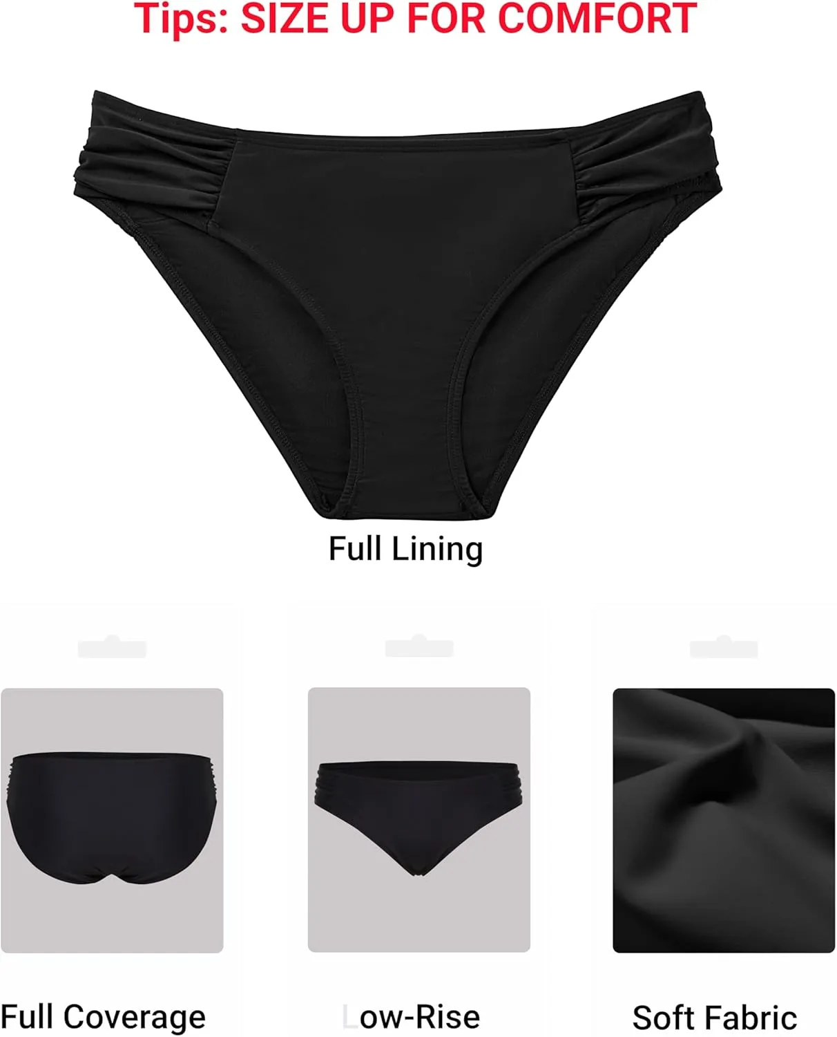 Zmart Women Low Rise Bikini Bottoms - Full Coverage Ruched Bathing Suit Swim Bottom Swimsuits Swimwear