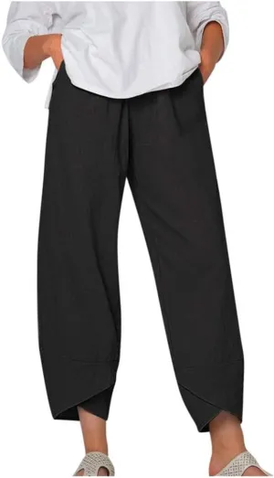 ZOCANIA Linen Capri Pants for Women Casual Summer Petite Linen Trousers Cropped Linen Wide Leg Pants with Pockets