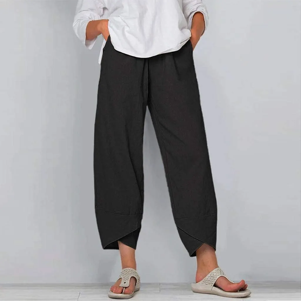 ZOCANIA Linen Capri Pants for Women Casual Summer Petite Linen Trousers Cropped Linen Wide Leg Pants with Pockets