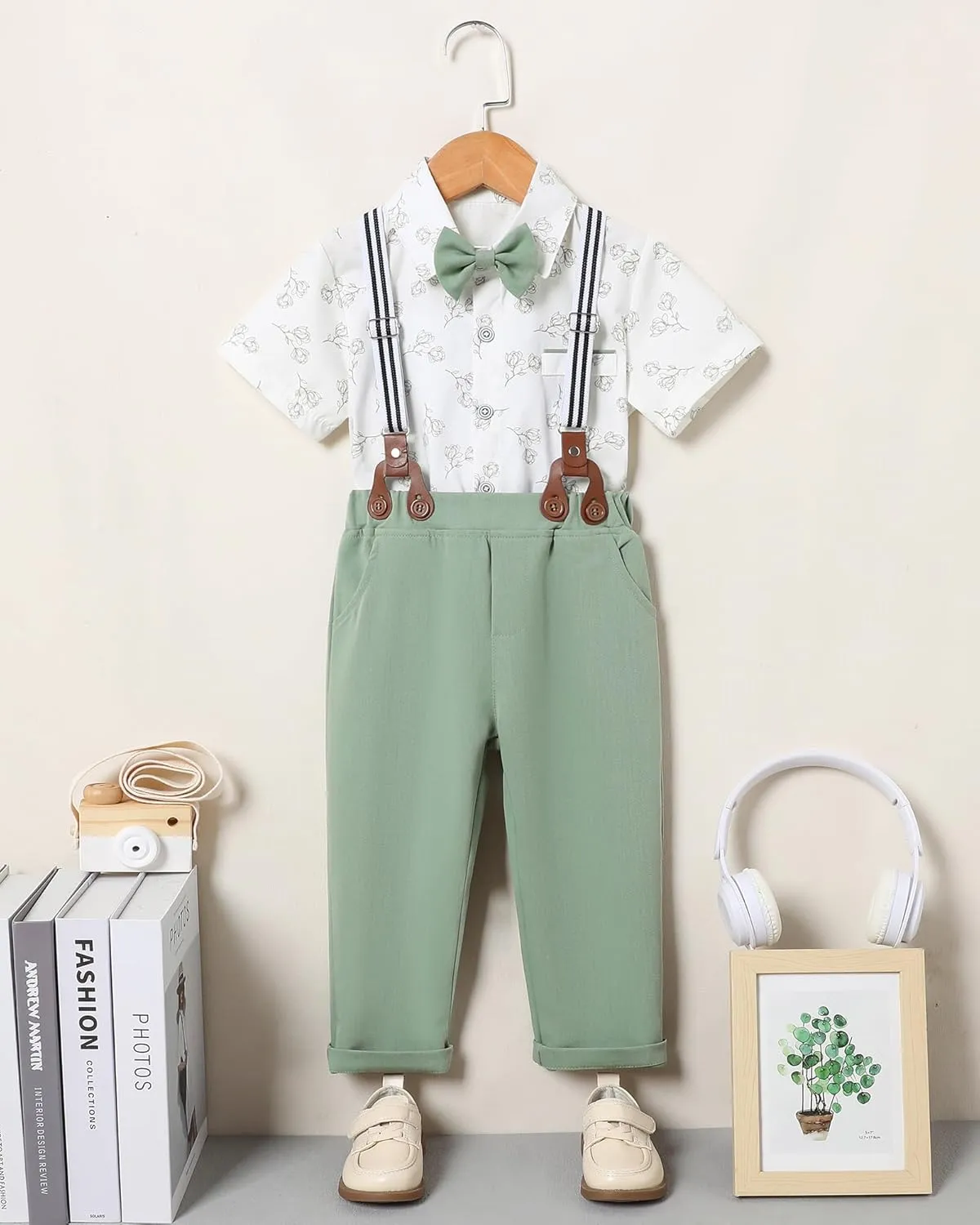 ZOEREA Boys Clothes Formal Suit Gentleman Wedding Outfit Short Sleeve Shirt with Bow Tie and Suspender Pants 2-10 Years