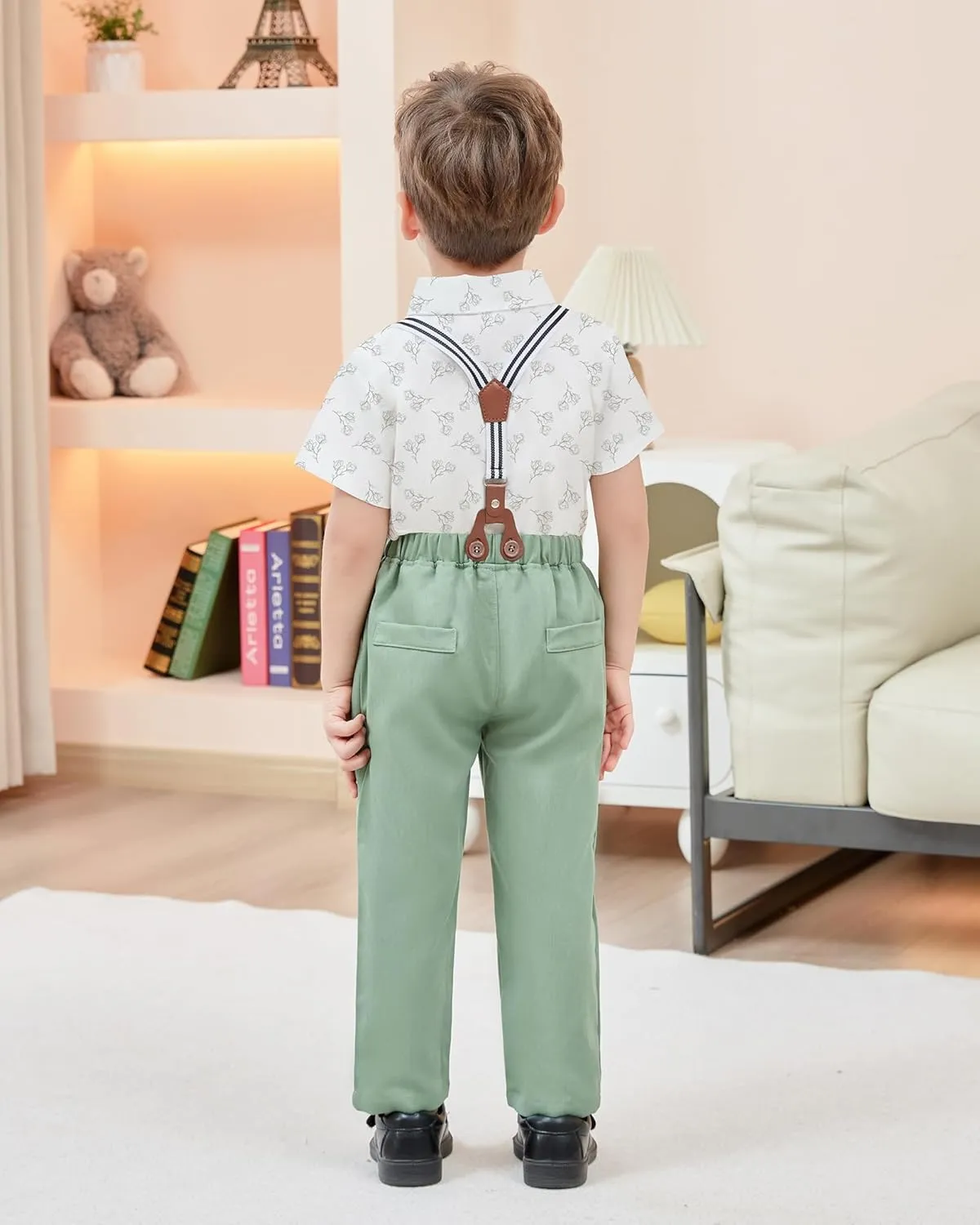 ZOEREA Boys Clothes Formal Suit Gentleman Wedding Outfit Short Sleeve Shirt with Bow Tie and Suspender Pants 2-10 Years