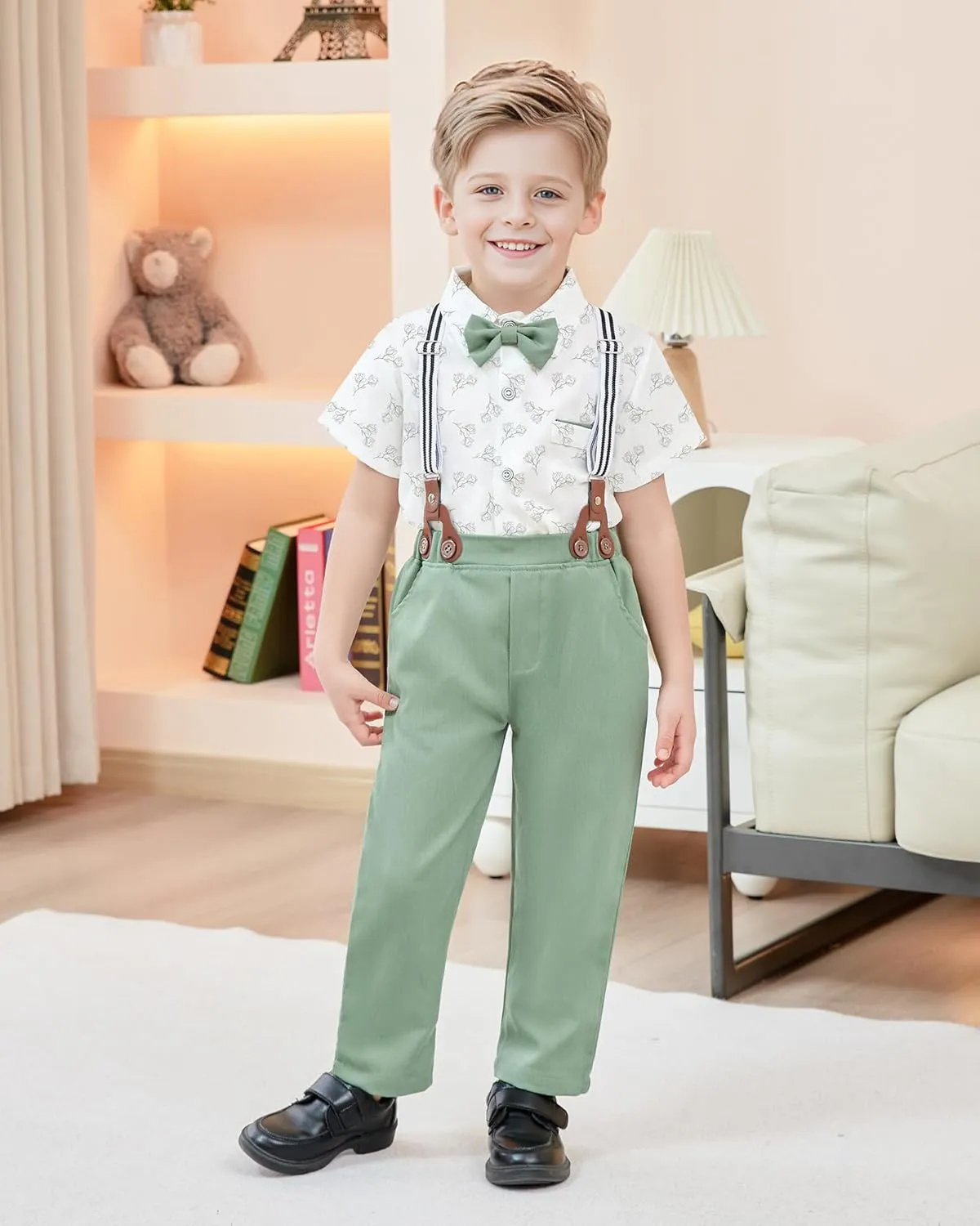 ZOEREA Boys Clothes Formal Suit Gentleman Wedding Outfit Short Sleeve Shirt with Bow Tie and Suspender Pants 2-10 Years
