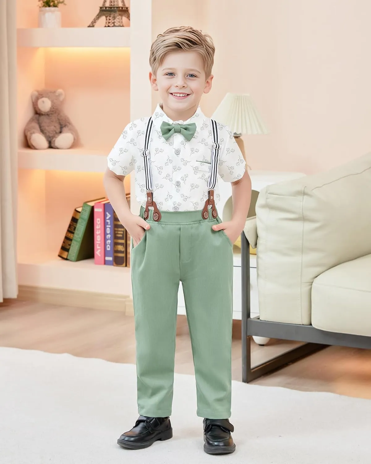 ZOEREA Boys Clothes Formal Suit Gentleman Wedding Outfit Short Sleeve Shirt with Bow Tie and Suspender Pants 2-10 Years