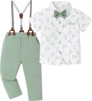 ZOEREA Boys Clothes Formal Suit Gentleman Wedding Outfit Short Sleeve Shirt with Bow Tie and Suspender Pants 2-10 Years