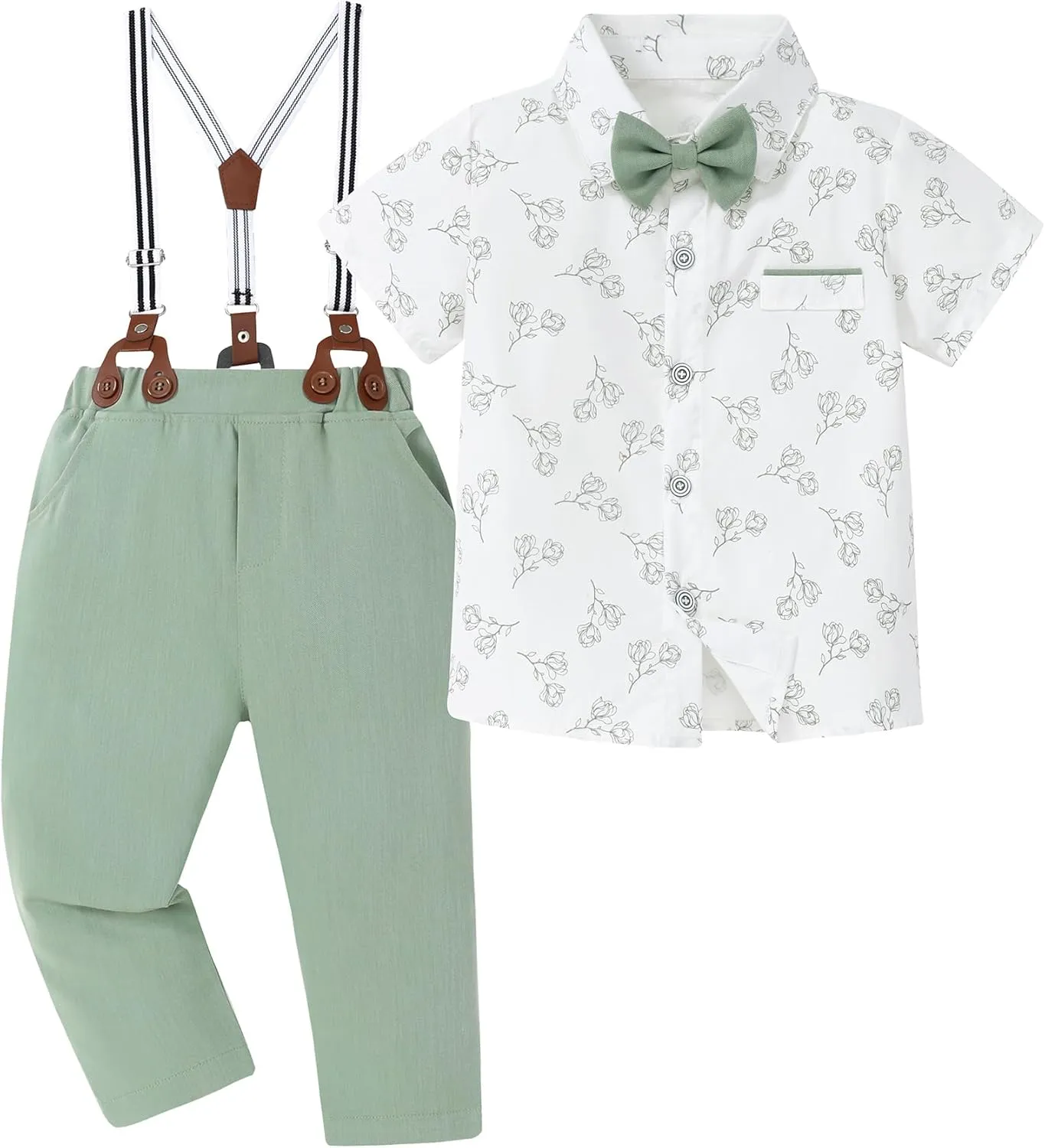 ZOEREA Boys Clothes Formal Suit Gentleman Wedding Outfit Short Sleeve Shirt with Bow Tie and Suspender Pants 2-10 Years