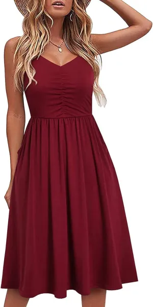 ZWRXW Women Summer Casual Dresses Spaghetti Strap Backless V Neck Sundresses Beach Ruffle A Line Sleeveless Dress